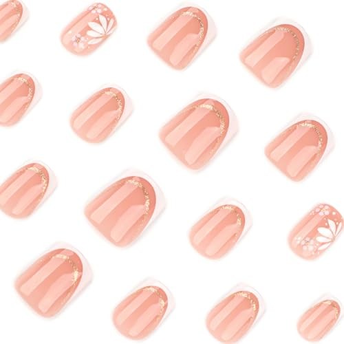 Square Press On Nails Short – Nude Pink French 60-White Flower with Gold Trim