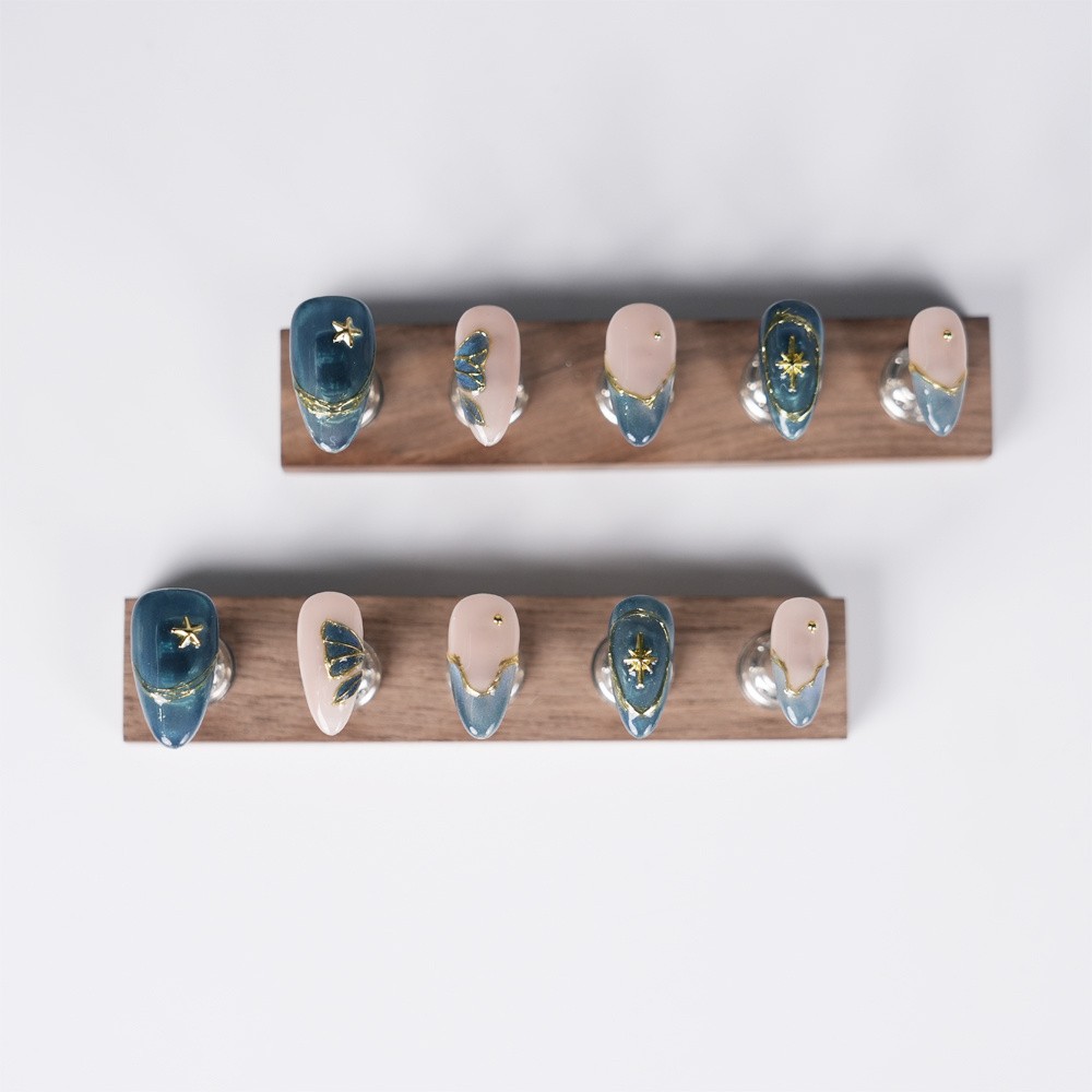 Handmade Gold Star Press on Nails Blue Nude Medium Almond Butterfly Ombre Accent