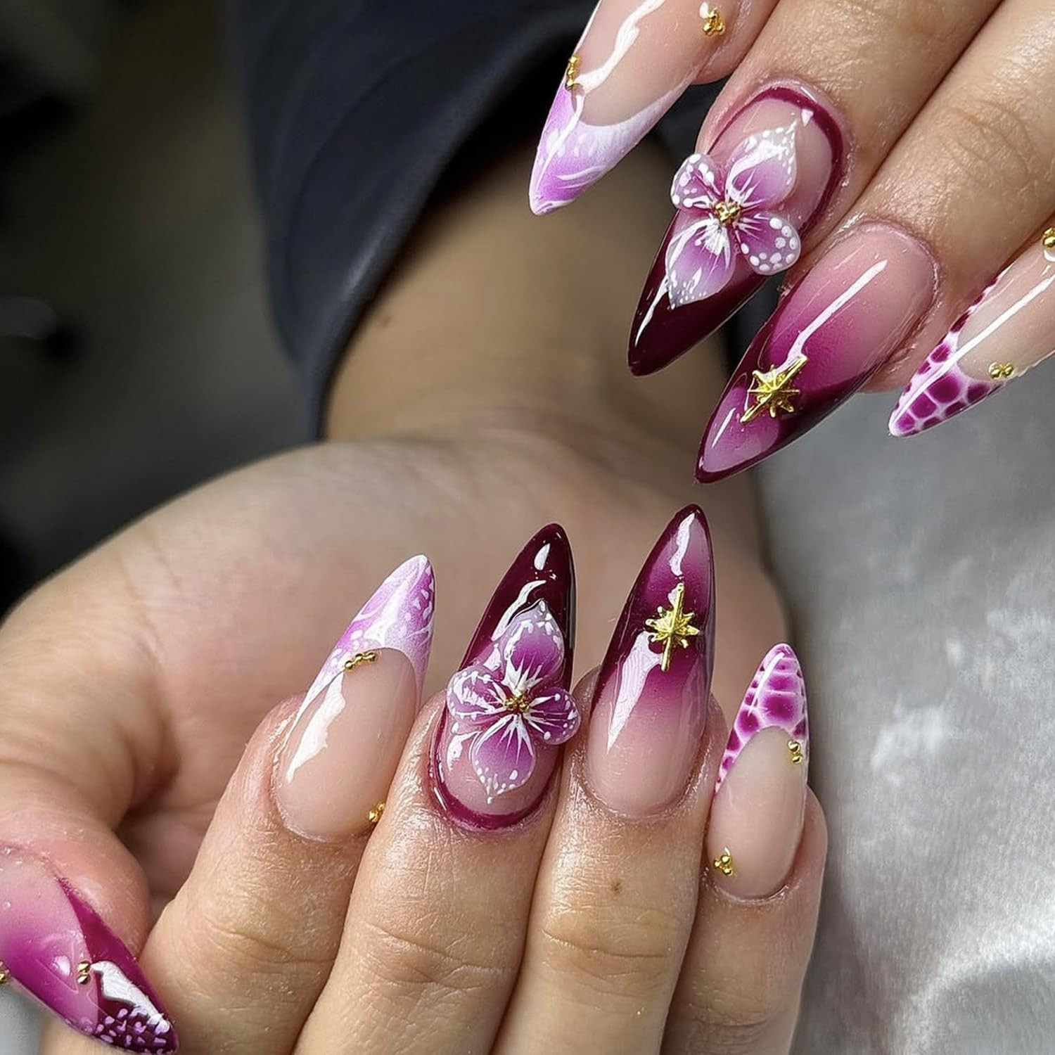 24Pcs French Tip Press on Nails Medium Almond Fake Nails Purple Flower and Gold
