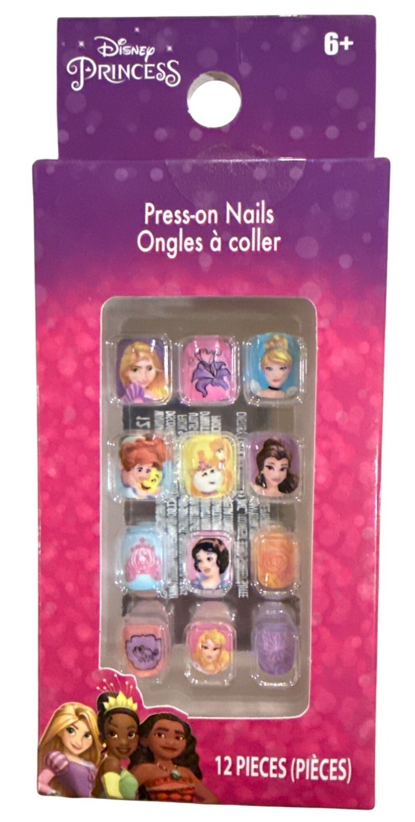 Disney PRINCESS 12 Press-On Nails Short Squ Cinderella Snow White Belle Girls 6+