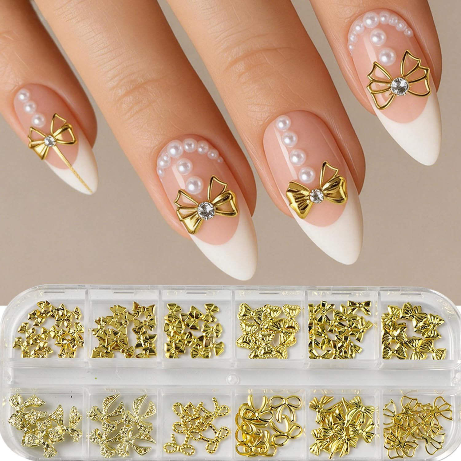 12Grids Gold Bow Nail Charms 3D Metal Bow Nail Art Charms Cute Bow Knot Nail Rhi