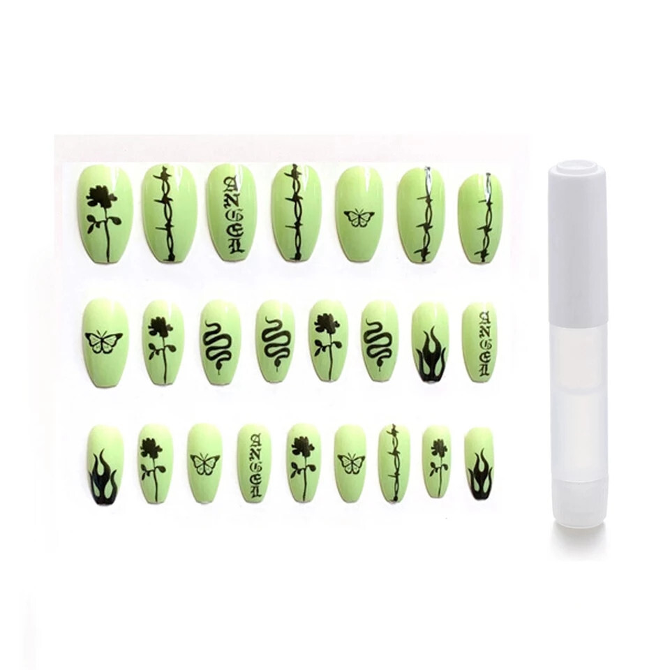 24 Medium Press on nails kit w glue Neon Green tattoo snake design goth