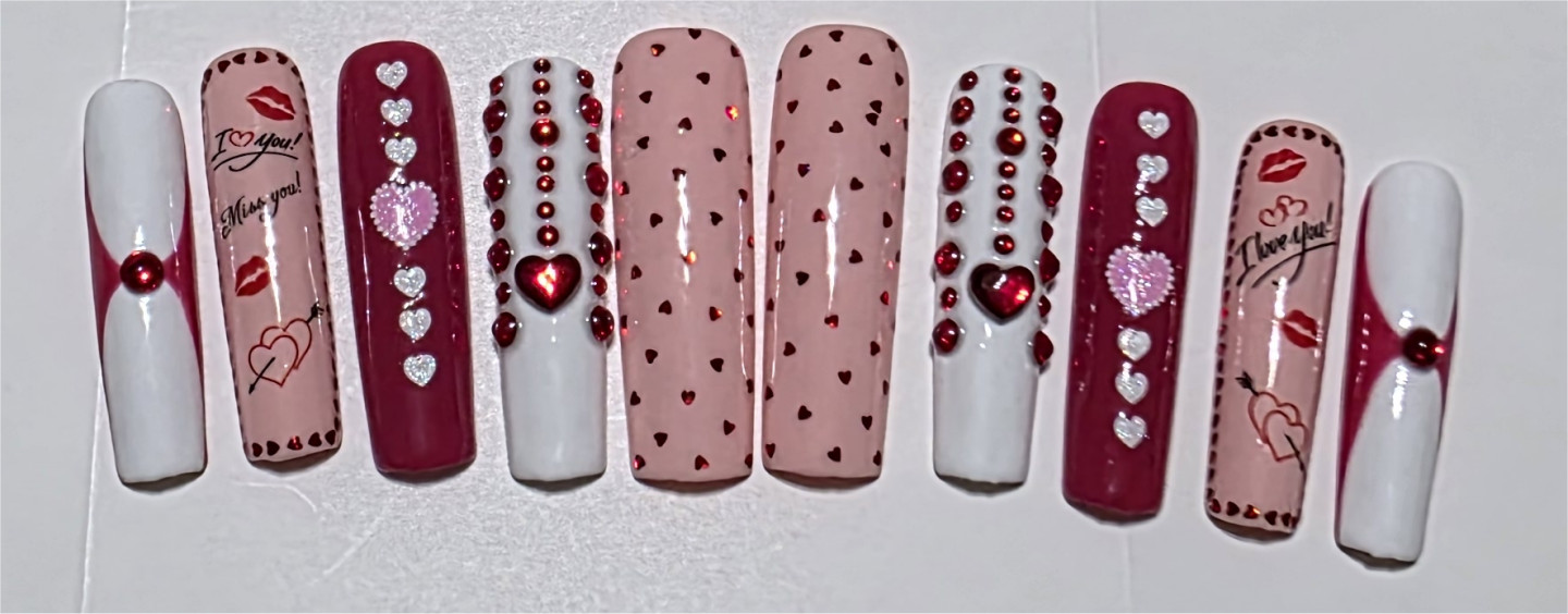 Long Square 3D Art Press On Nails Valentine Heart Flowers Lips Love Design Nails
