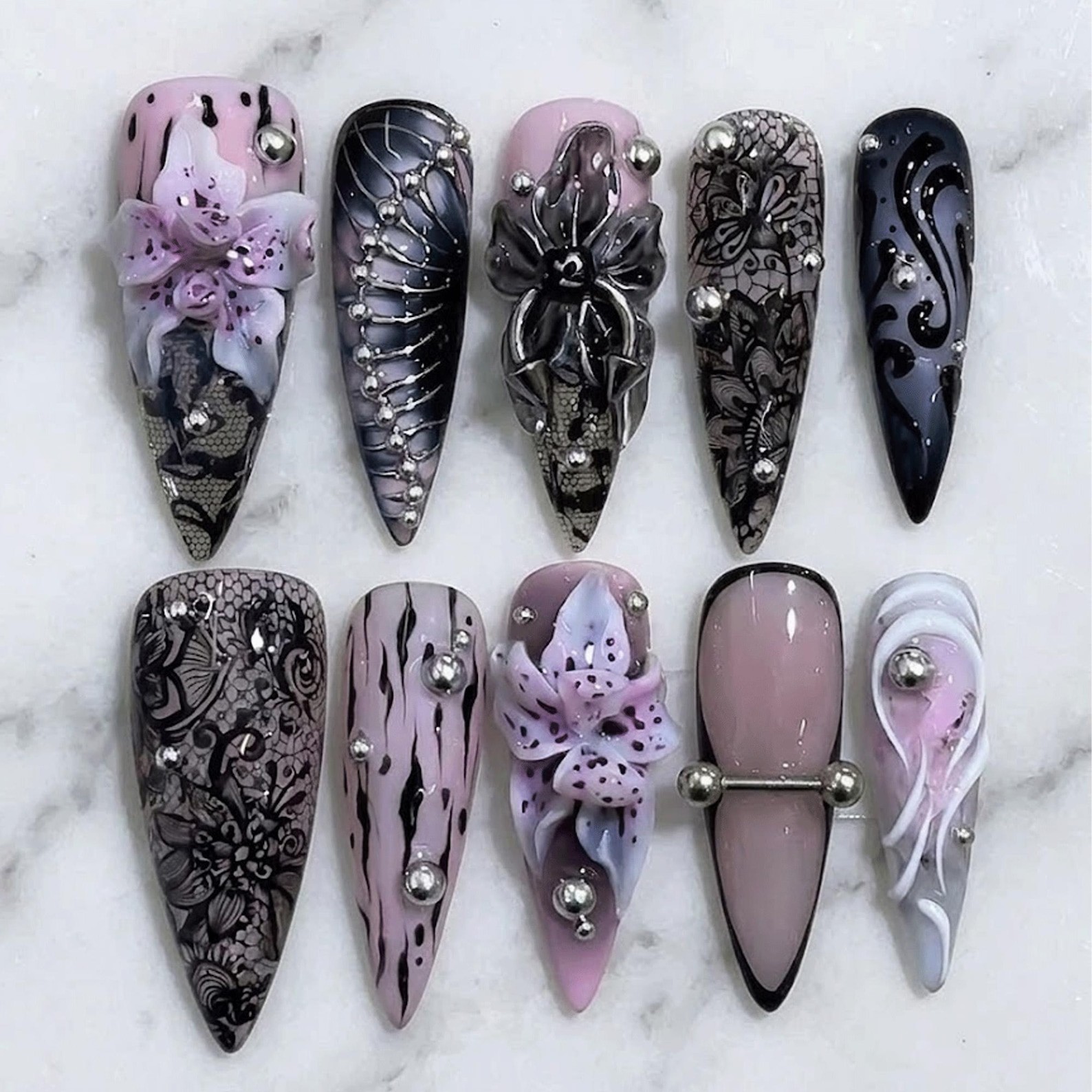Handmade Black Lace Marble 3D Orchid Silver Bead Long Stiletto Press on Nails
