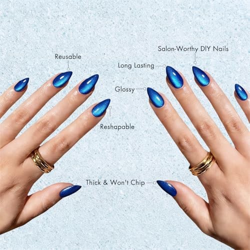 Press on Nails Almond, Cat Eye Elegant Blue Fake Nails cateye royal blue medium