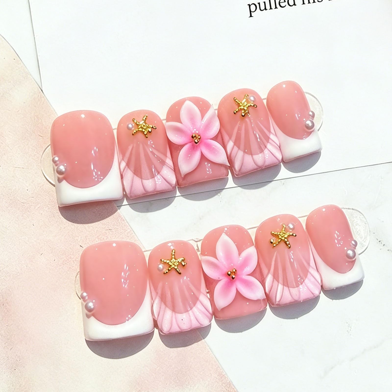 10 Pcs Pink Handmade Press-On Nails Short Square M Size 3D Flower Nail Art, Gift
