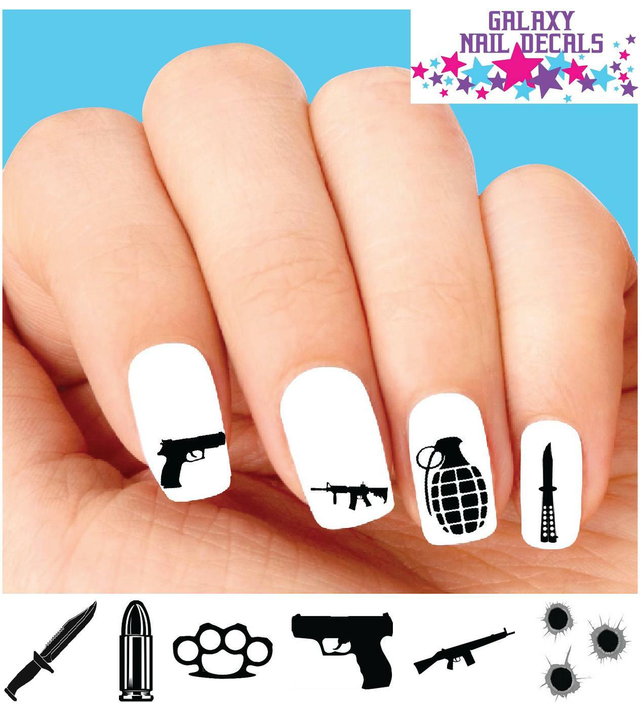 Waterslide Nail Decals – Set of 20 Weapons Gun Knife Bullet Grenade Assorted