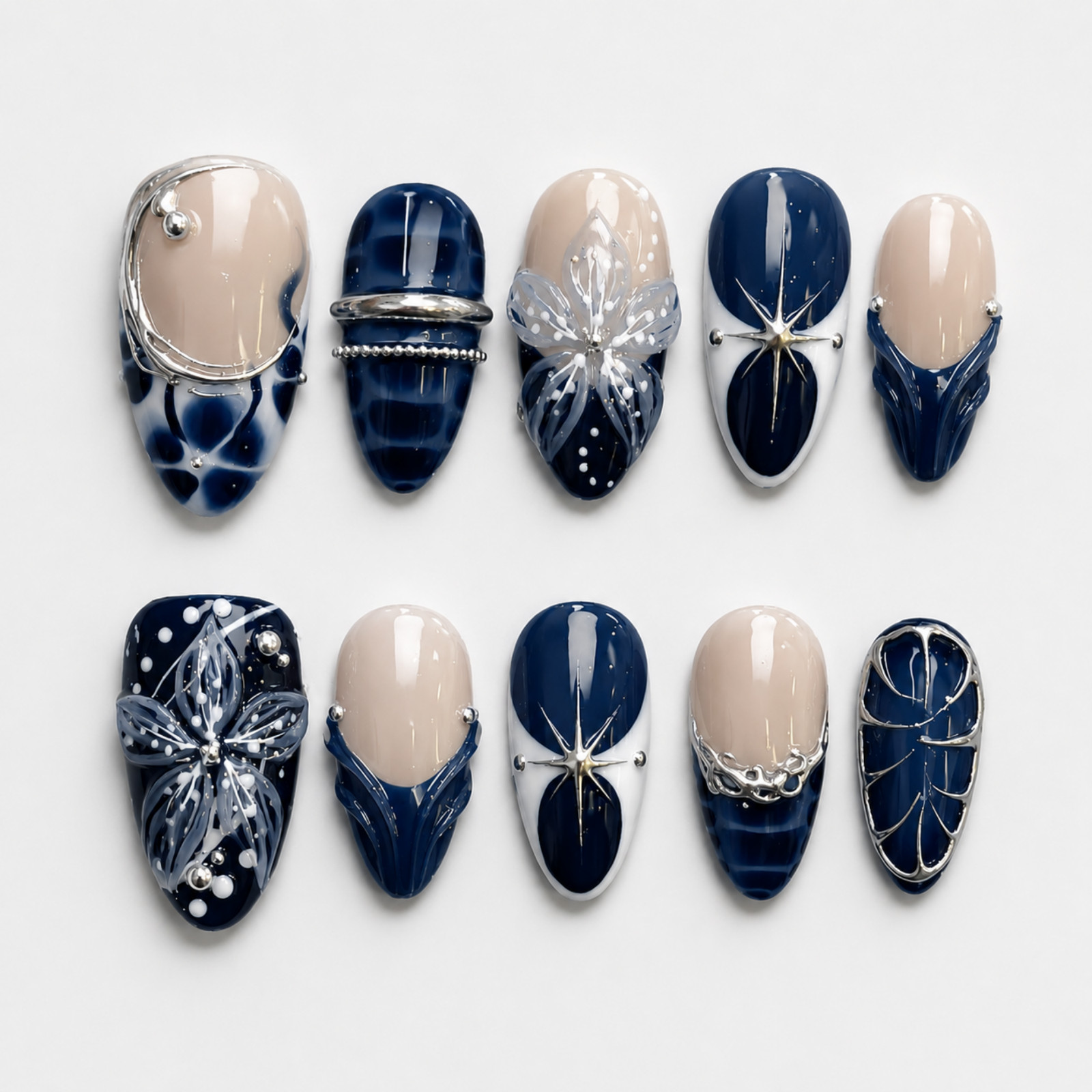 Handmade Navy Blue Nude 3D Floral Press On Nails Silver Chrome Set