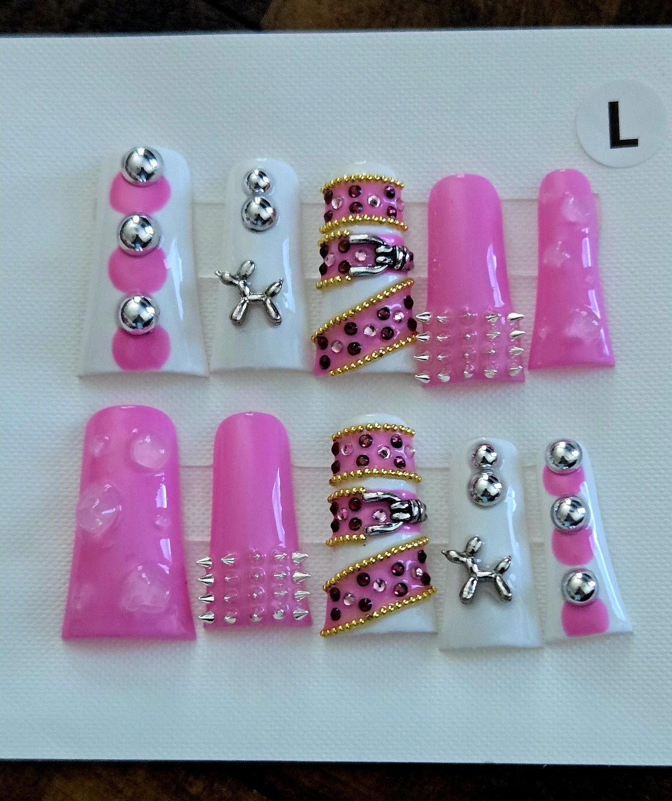 Junk Nails 3D Press On Large Duck Nails Pink Silver Studs Rhinestone Dog Balloon