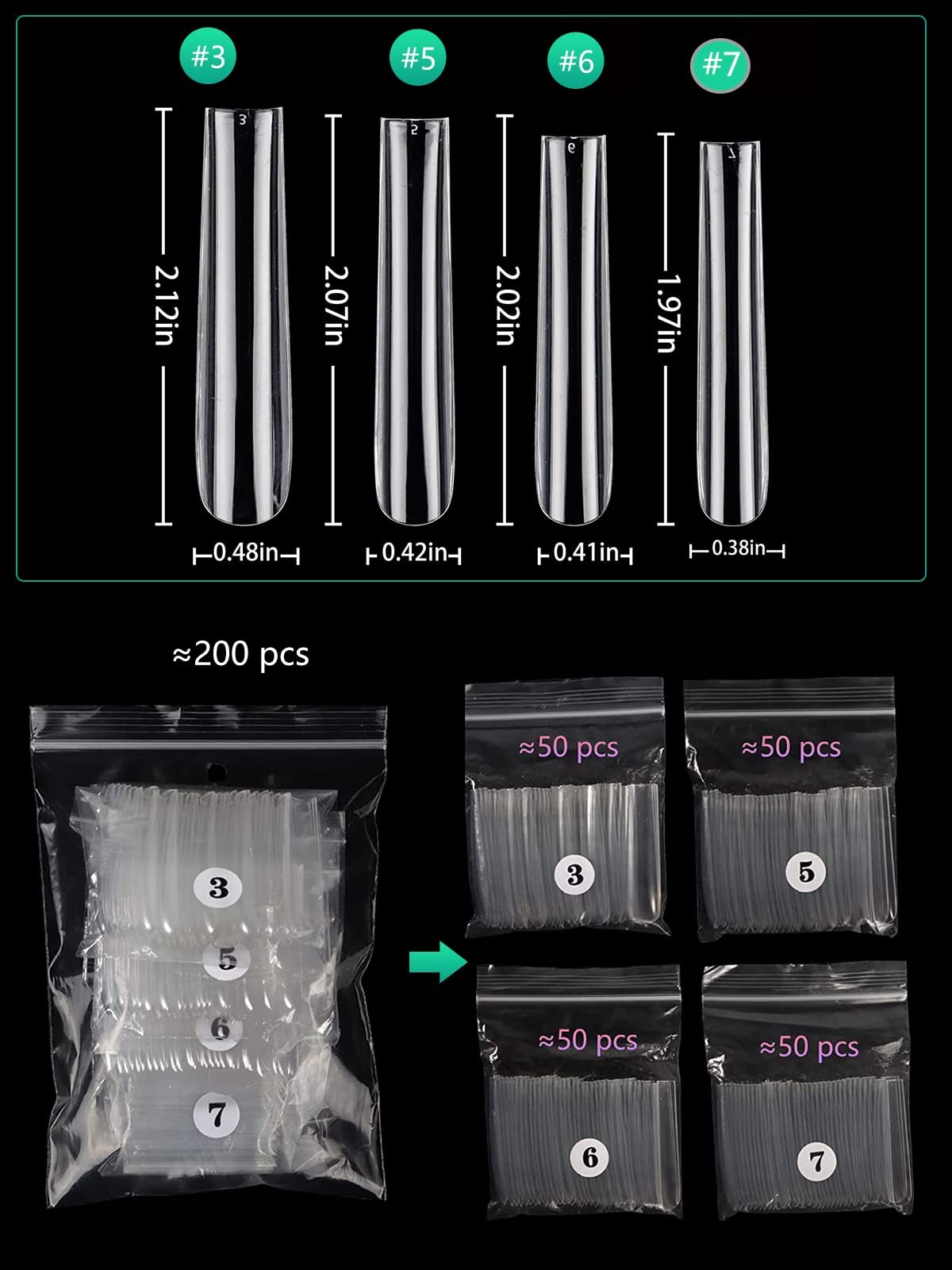 LIONVISON 200PCS Square Nail Tips: 3XL Individual Full Cover Nail Tip
