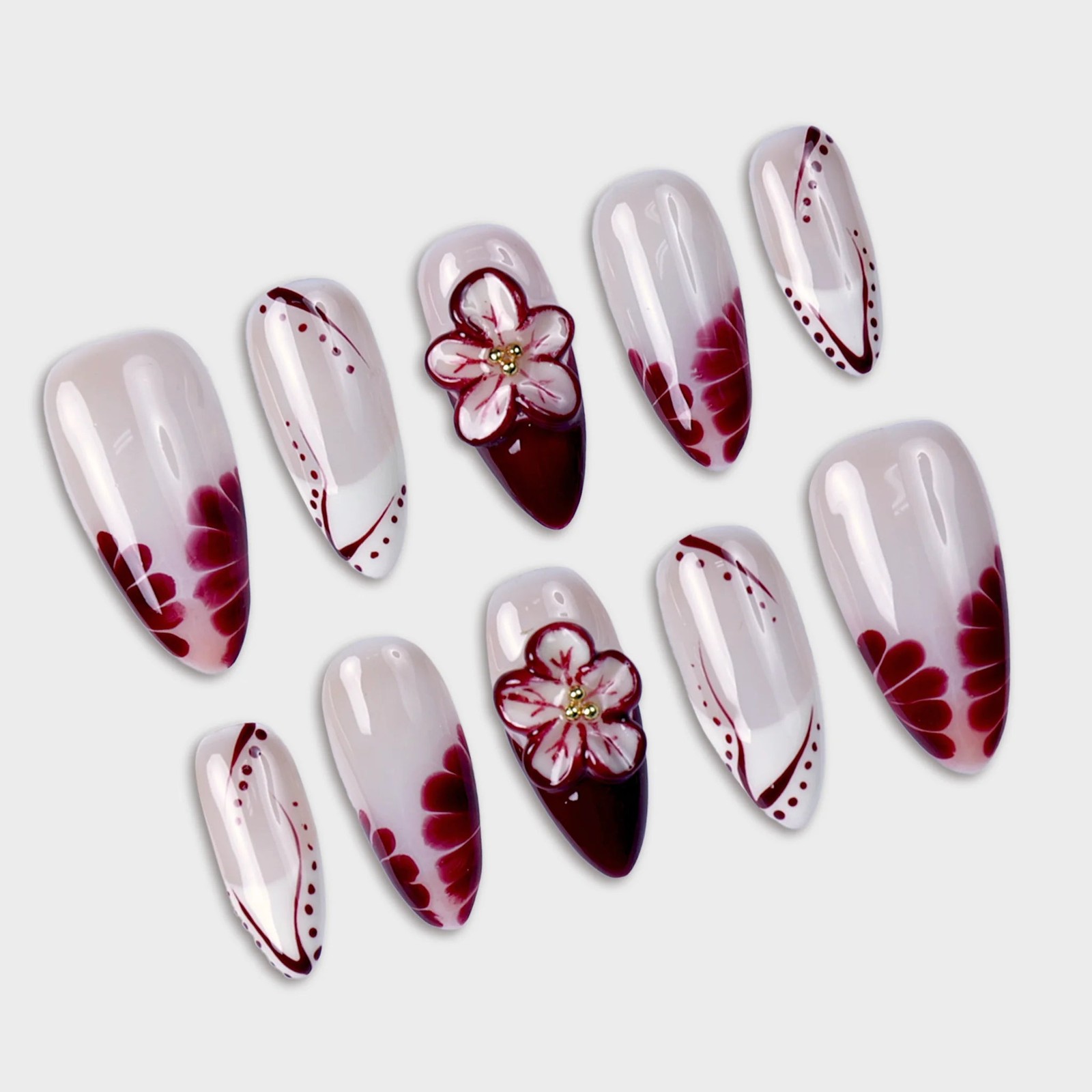 SIYOU Velvet Rose Almond Red, Beige & White Press-On Nails 10pc
