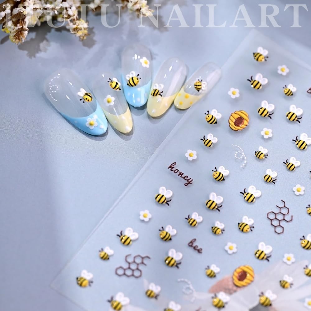Flower Animal Prints Nail Stickers Cute Bees Nail Decals Floral Insect Nail D…