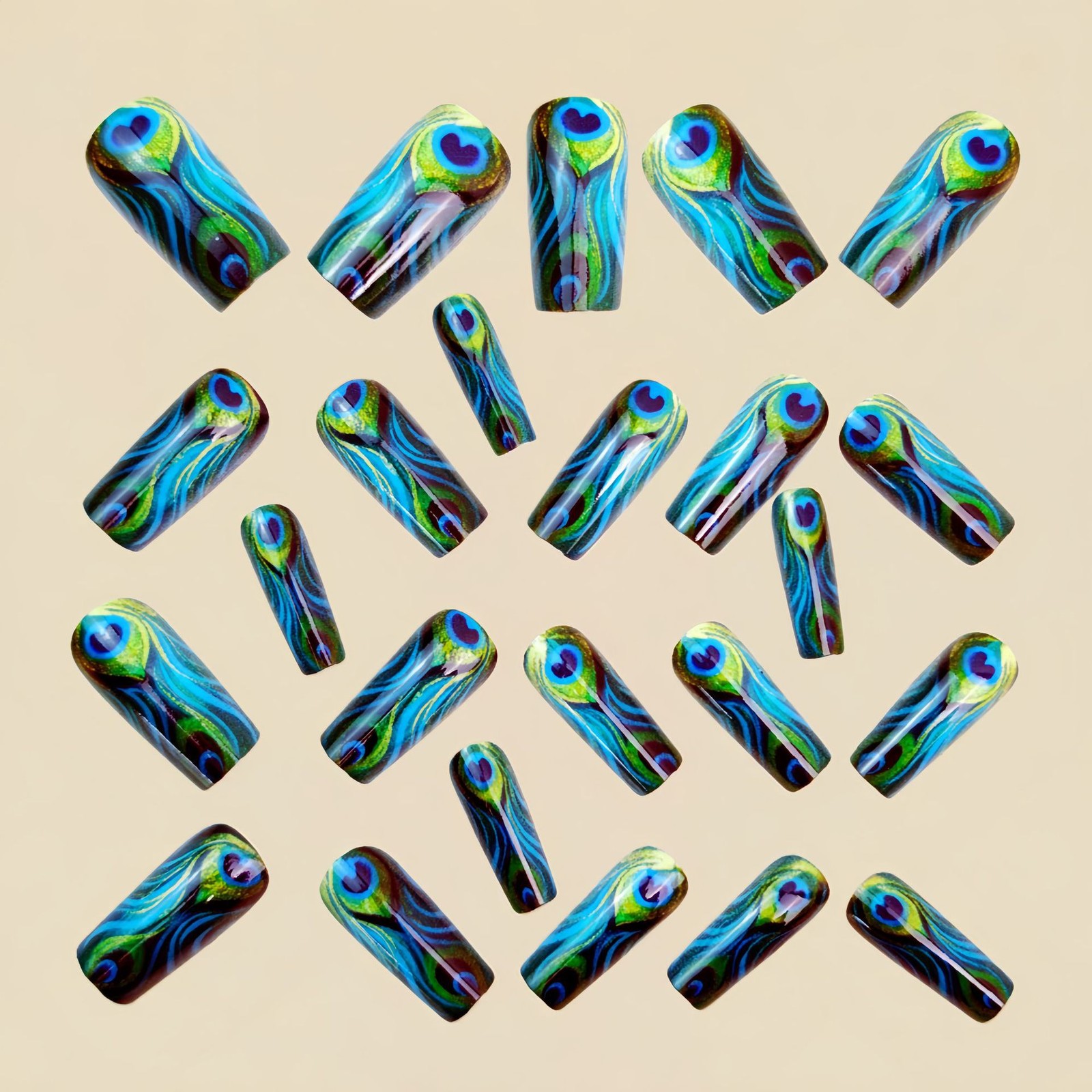 48Pcs Peacock Green Gold Press on Nails Feather Art Glossy Trendy Fake Nails
