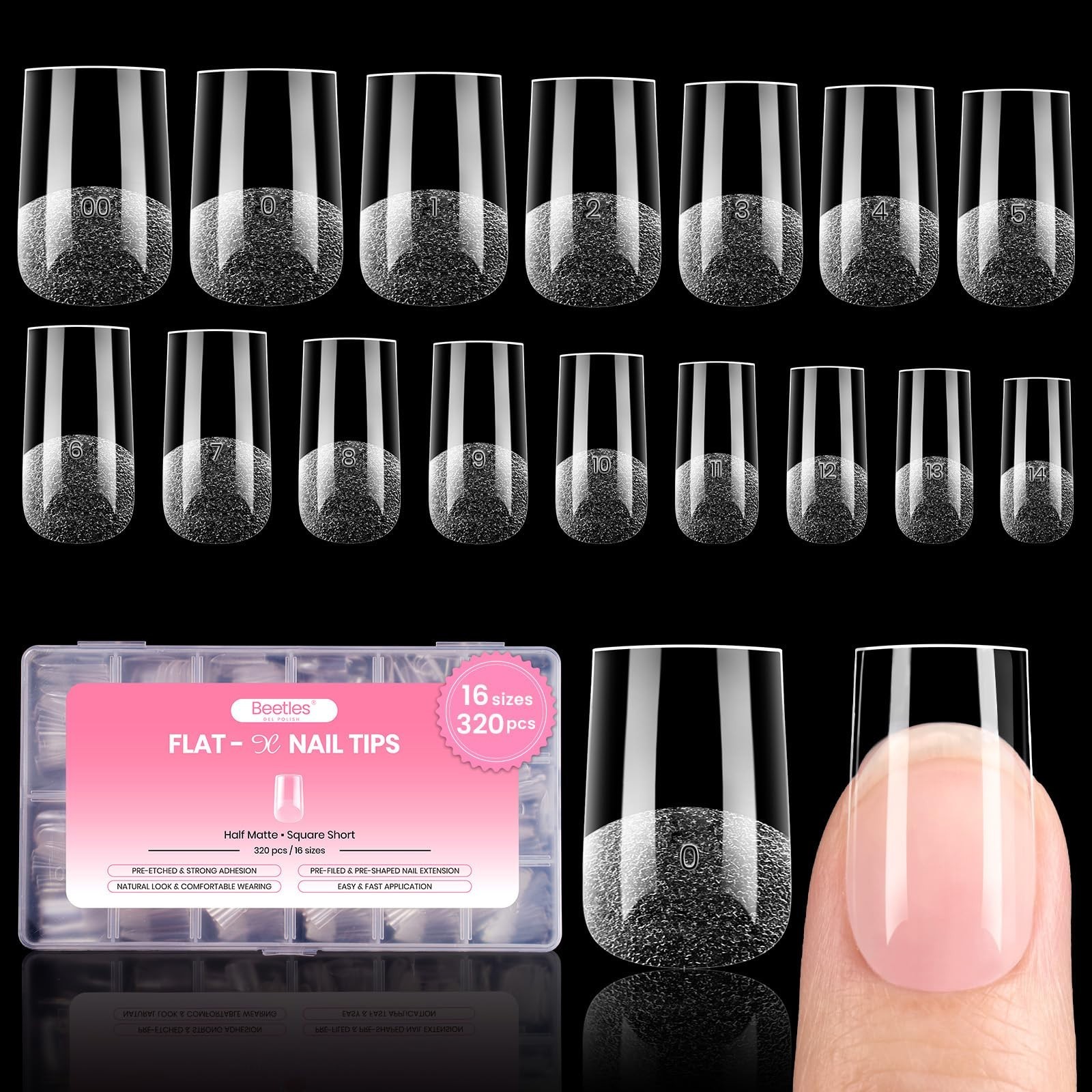 320pcs Soft Gel Nail Tips Square Short – 16 Sizes, Pre-Etched Clear Press-On Nai