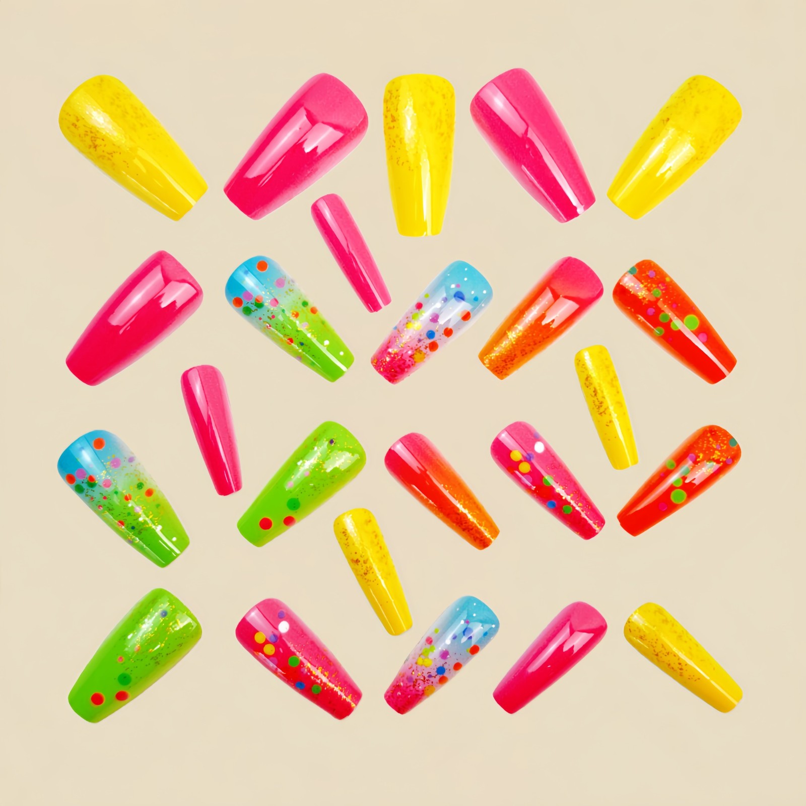 48Pcs Neon Dots Press on Nails Gradient Glitter Glossy Trendy Elegant Fake Nails