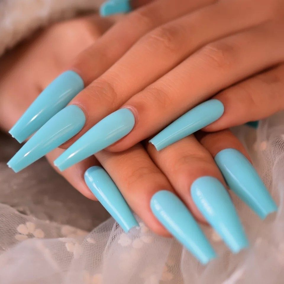 24 Blue glossy press on nails kit glue teal aqua light raver bright
