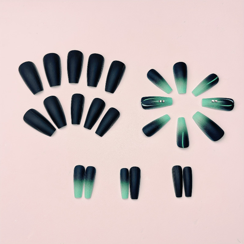 48P Long Coffin Press on Nails, Black Mint Green Gradient Luxury Fake Nails