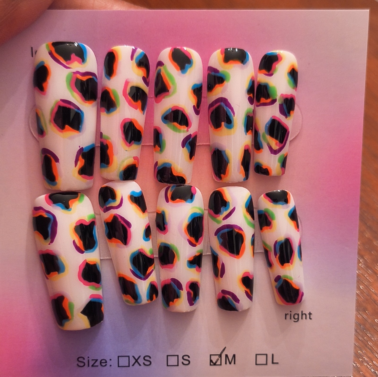 Press-On Nails Size M Coffin White/Black Multicolor Shiny Leopard Full Cover