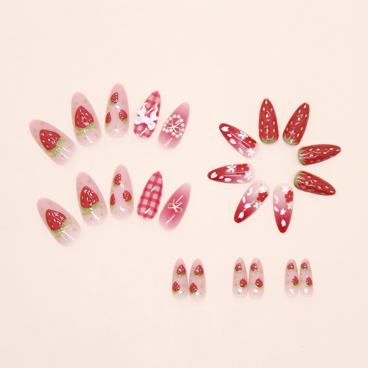 24Pcs Strawberry Flower Press on Nails Medium Almond Fake Nails Cute Floral Stra