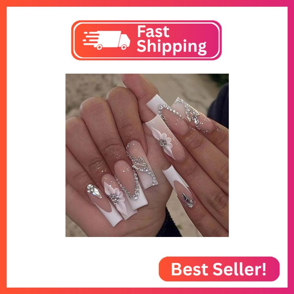 White Press on Nails Long Square BAOYAALIN, Rhinestones Fake Nails with 3D Butte