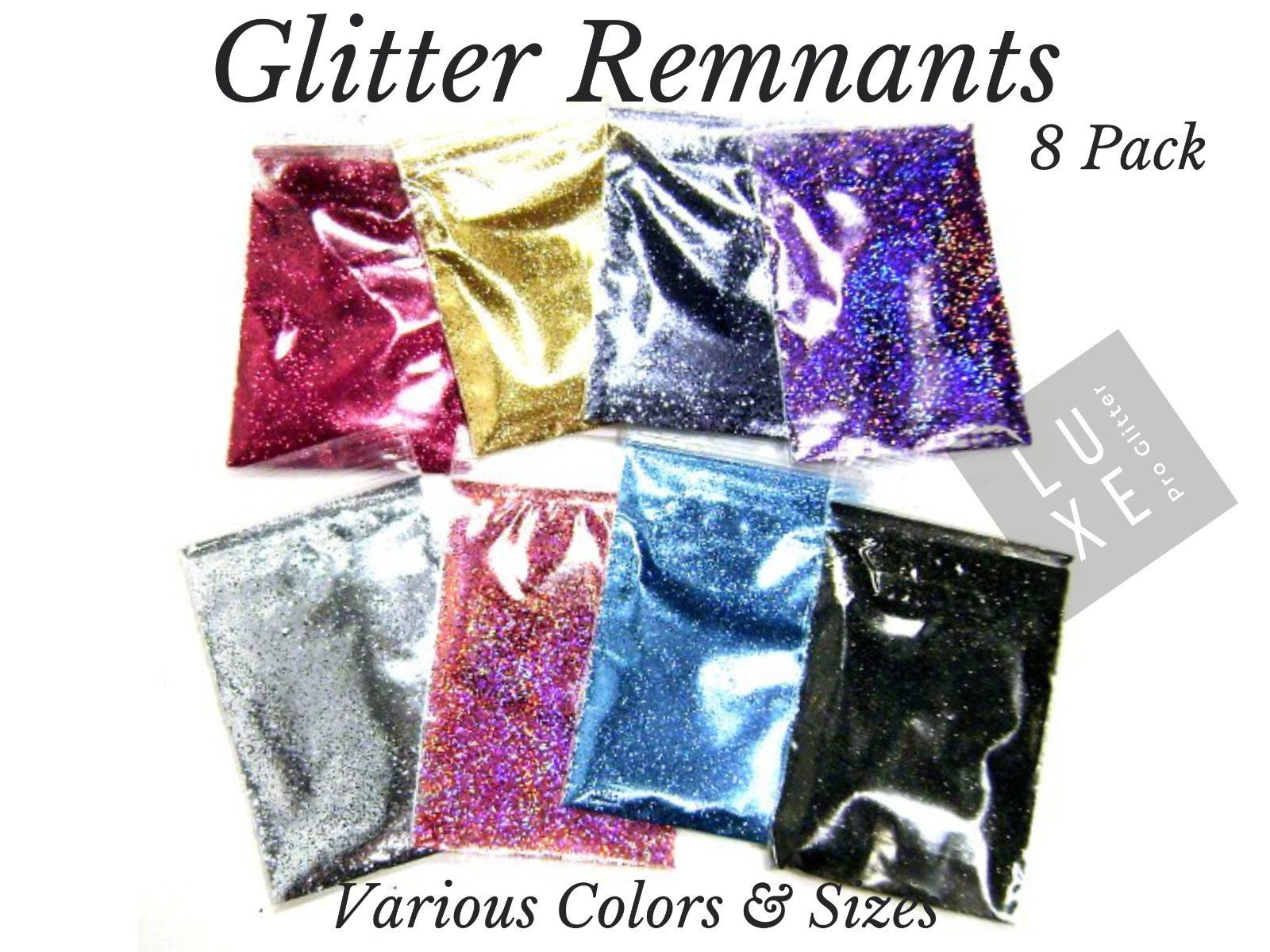 8-Pack Glitter Remnants Grab Bag, Solvent Resistant Polyester in Various Colors
