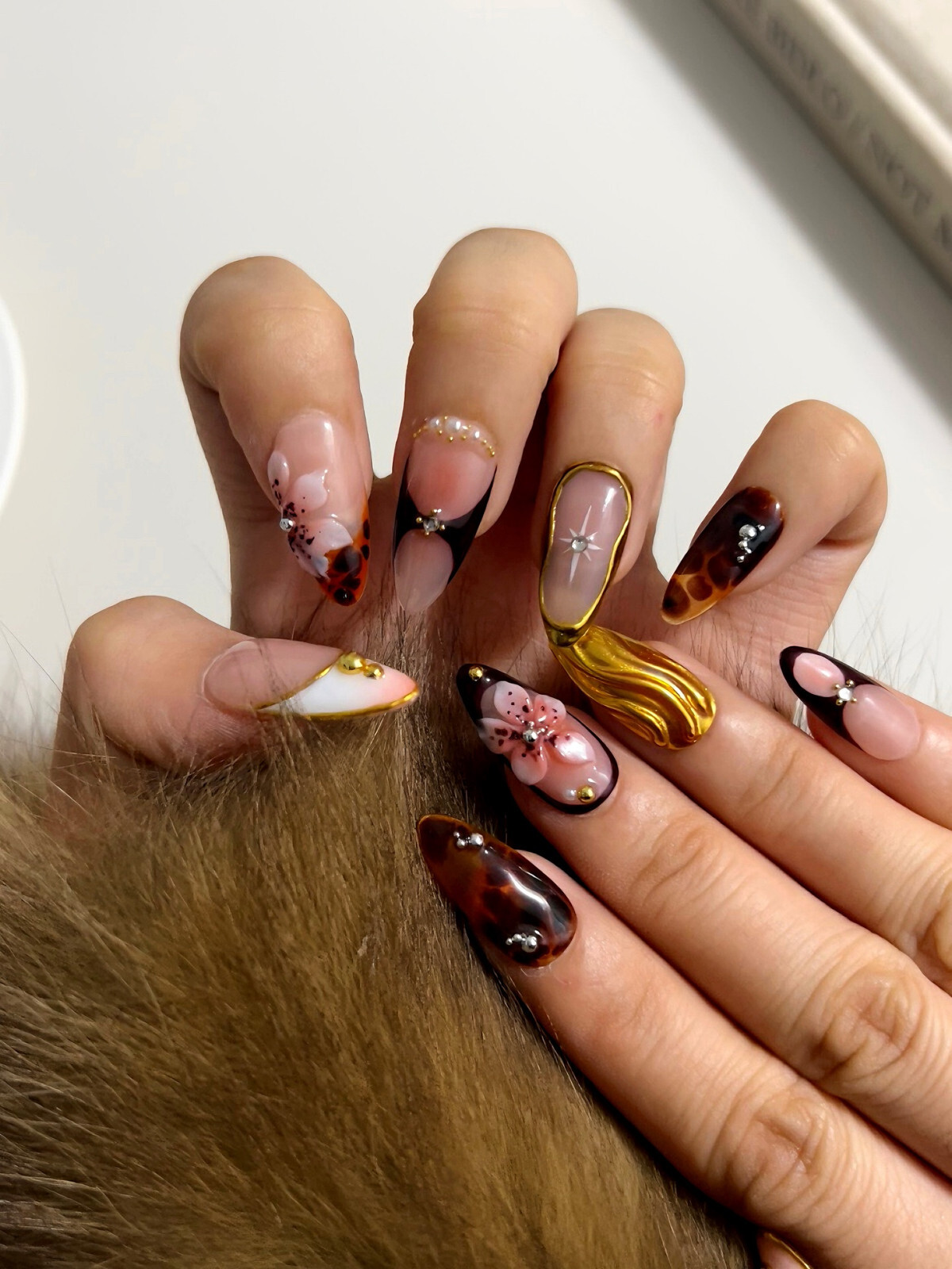 Goddess-Inspired 3D Floral & Tortoiseshell Press-On Nails – Luxe Almond Nails