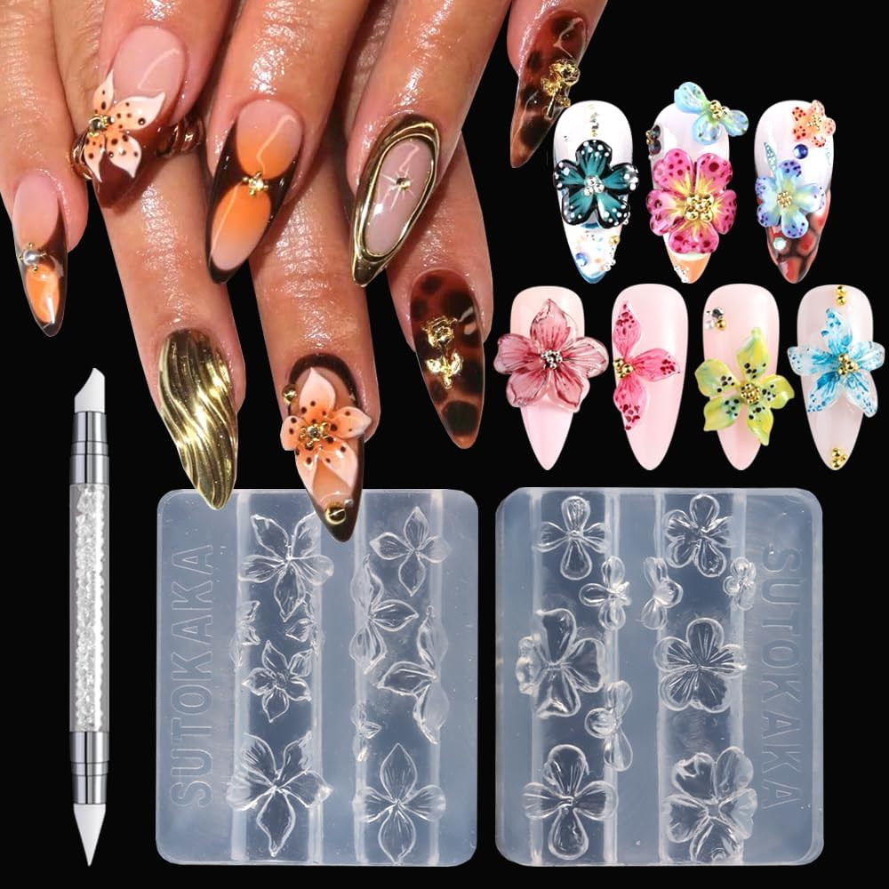 2PCS 3D Flowers Nail Art Silicone Mold, Spring Summer Hibiscus Flowers Blossom P