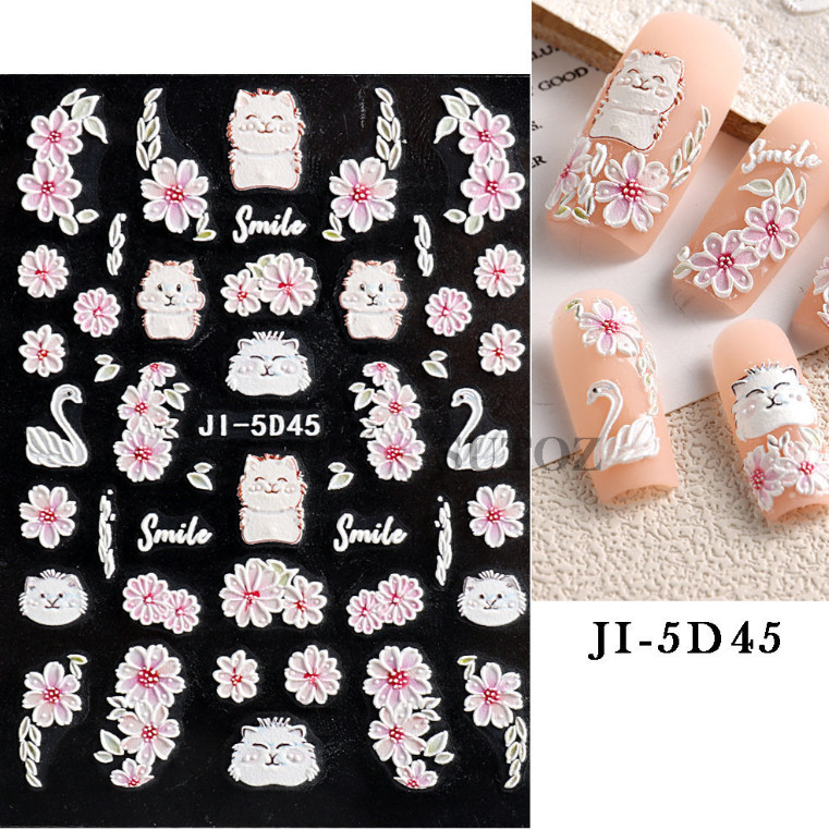 5D Embossed Pink Camellia Flowers Decals Nail Stickers Sliders Manicure JI5D45