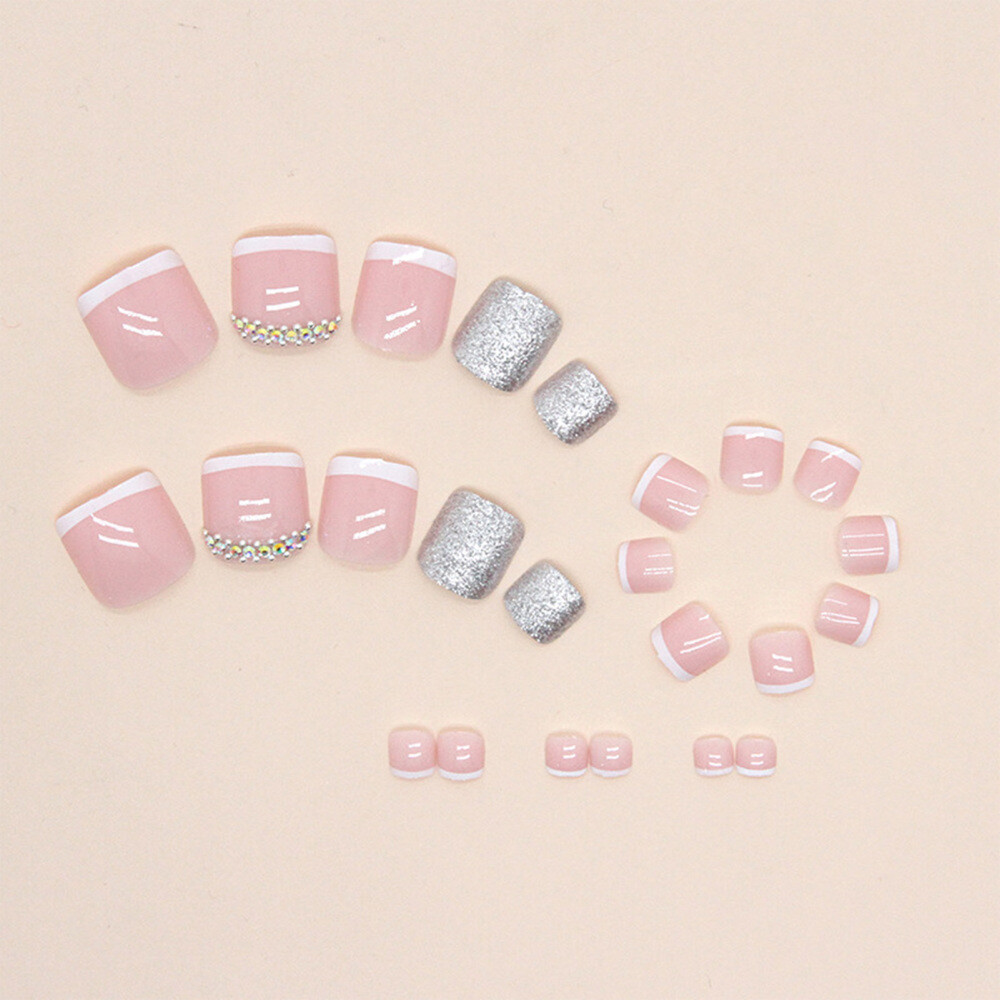 24X French False Toes Nails Gel Art Super Dazzling Glossy Square Fake Toenails