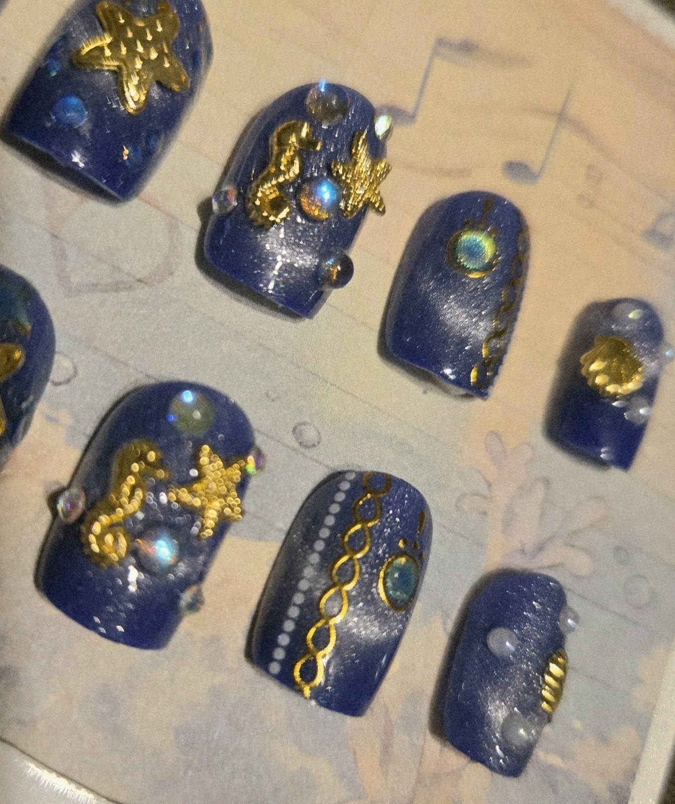 Blue Gold Beach Press On Nails Seahorse Shells Starfish Pearls Bubbles Decorated