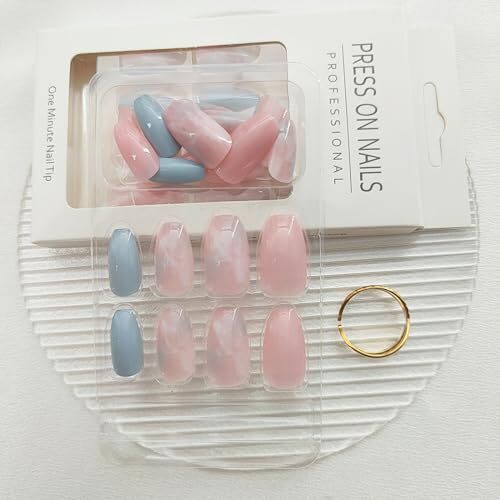 Coffin Press on Nails Short Fake Nails with Marble Designs Acrylic pink-6 blue