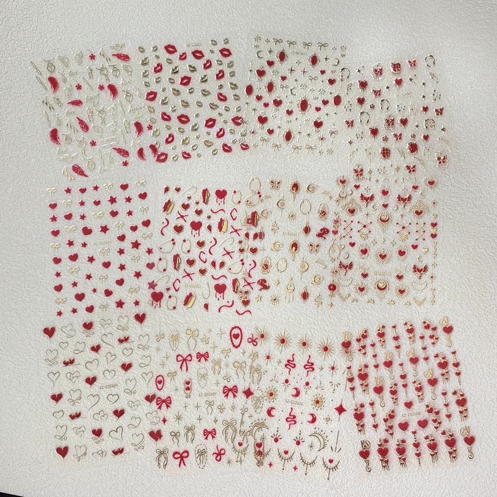 8Pc 3D Mixed Color Heart Nail Stickers Valentines’ Day Sweet Red Pink Love Selfa