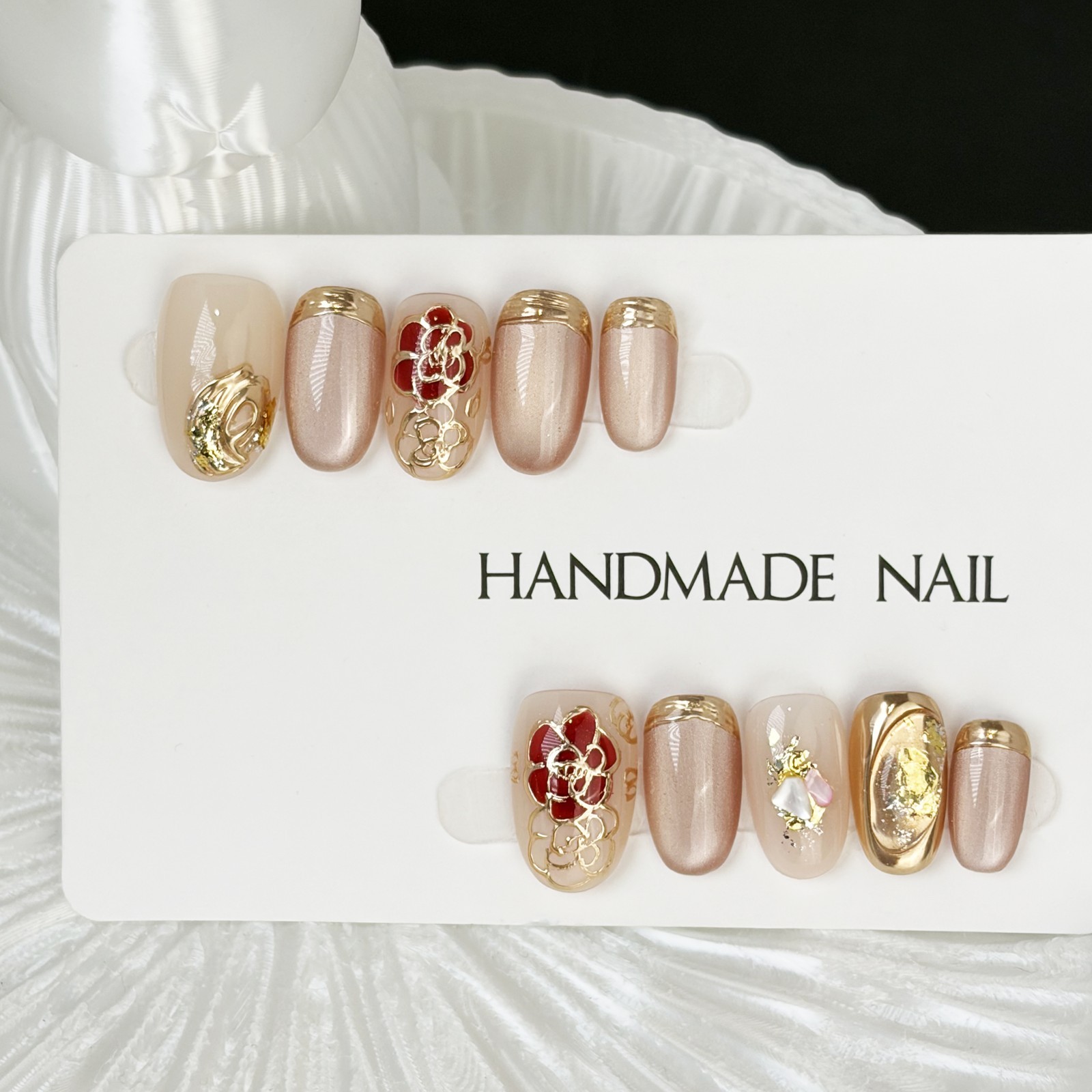 Nude Pink Floral Press On Nails Oval Gold Foil Handmade Elegant Set Gift For Her