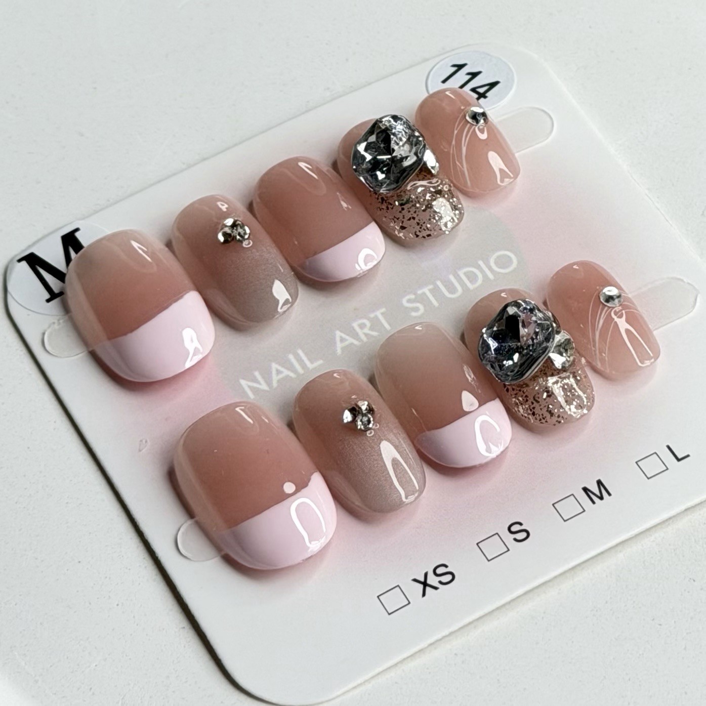Handmade French Tip Nude Rhinestone Press-On Nails Short Oval Reusable Fake Nail