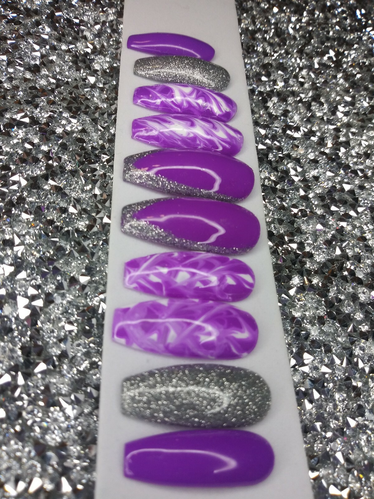 Purple white & silver holographic glitter tie dye press on nails long coffin