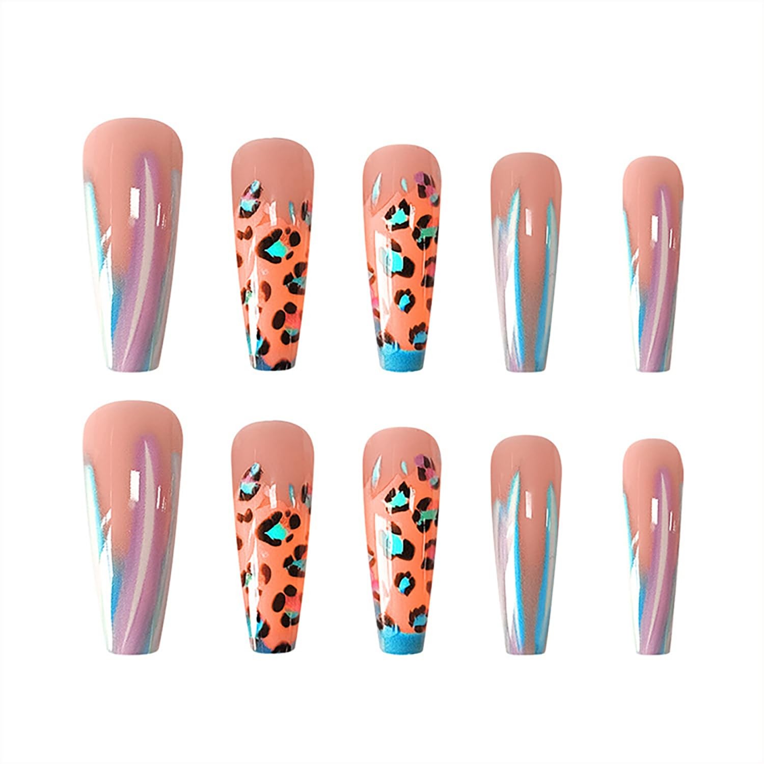 24Pcs Press on Nails with Designs Leopard Print Fake Nails Long Coffin Glue o…