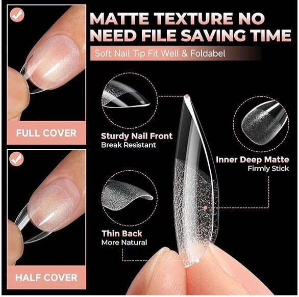 4 Pack UNA GELLA Extra Short Almond Nail Tips 2016PCS Full Cover Soft Gel Clear