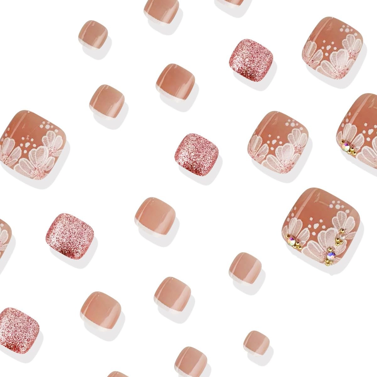 French Tip & Flower Toenails, 24Pcs Reusable, Glossy Acrylic, Square Shape, P…