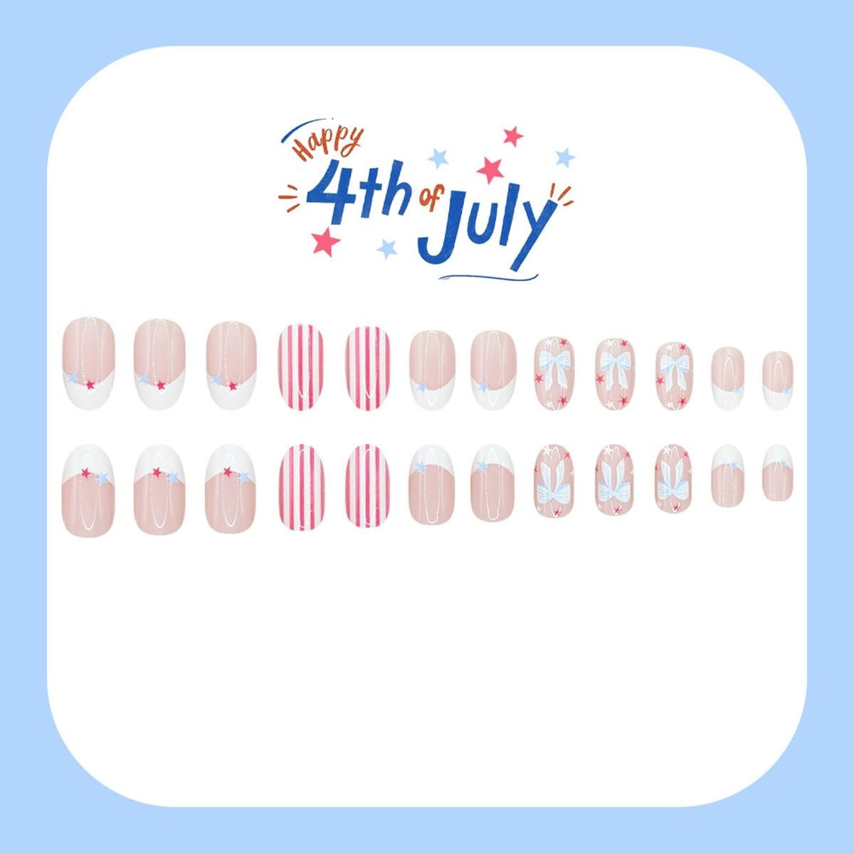 4th of July Press on Nails Short Oval – Red White & Blue French Tip with Stri…