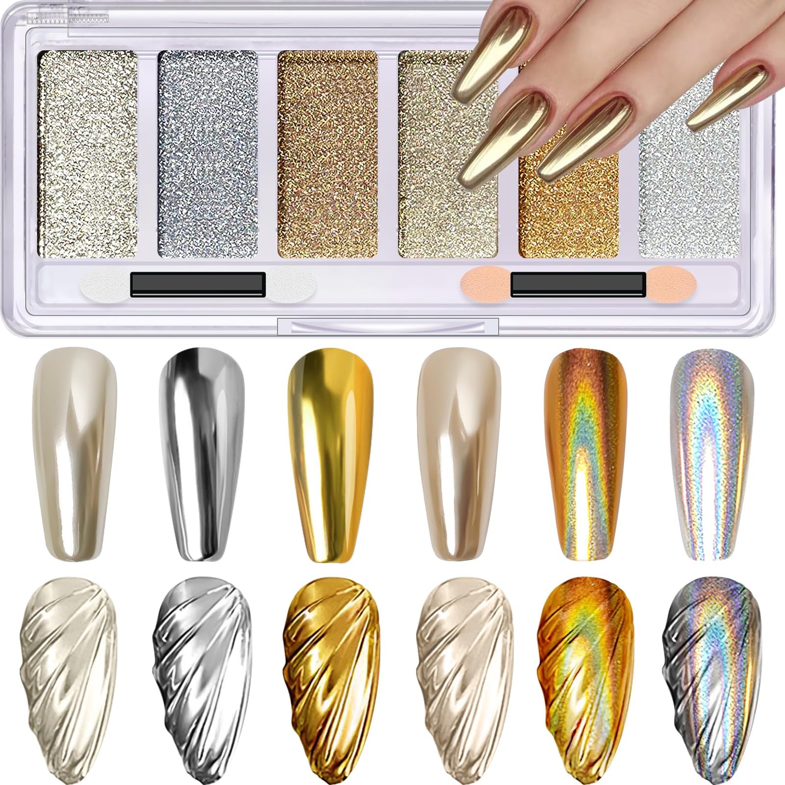 Gold Silver Chrome Nail Powder, 6 Colors Holographic Unicorn Iridescent Nail …