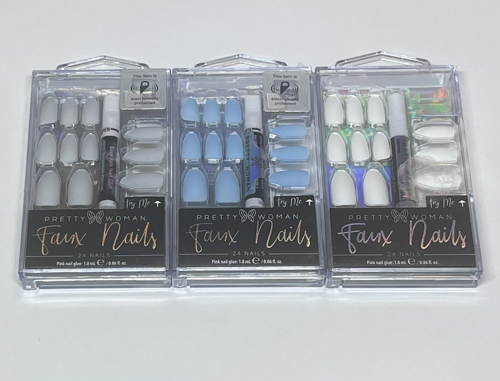 Pretty woman faux nails lot:3 Boxes Each Has 24 Nails Gray,Blue White Matt Color