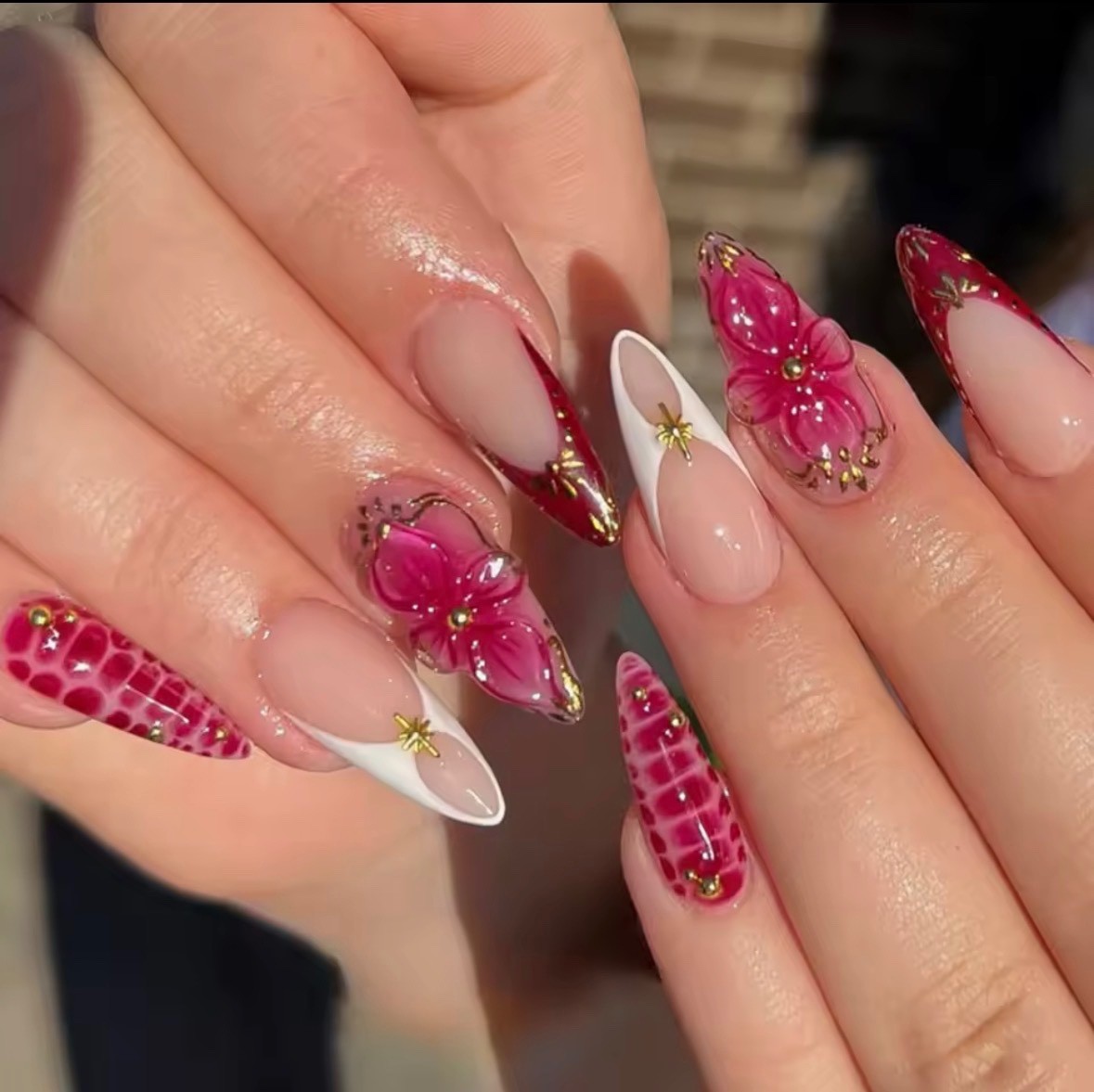 Pink Flower Press On Nails Short Almond Full Cover Reusable False Nails 24PCS