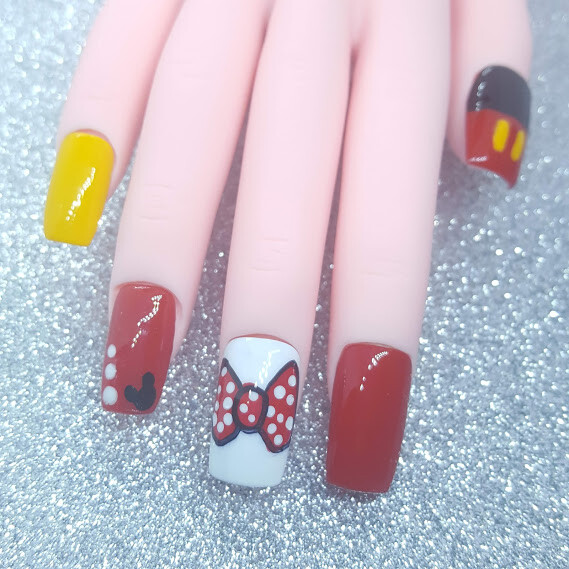 Red White Mickey Press On Nails Disney Mouse Bow Nail Set Handmade Hard Gel