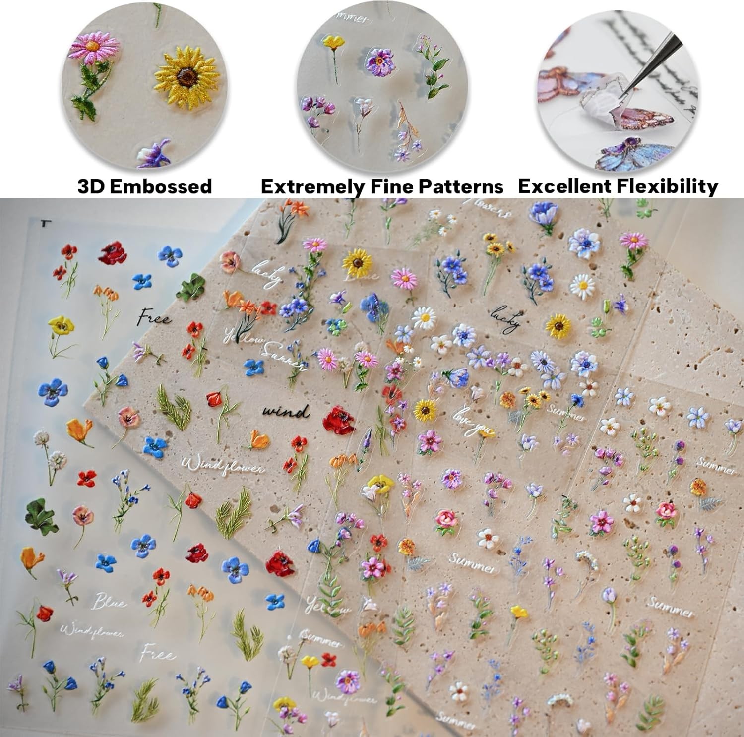 Flower Nail Art Stickers 3D Embossed Decals for Colourful