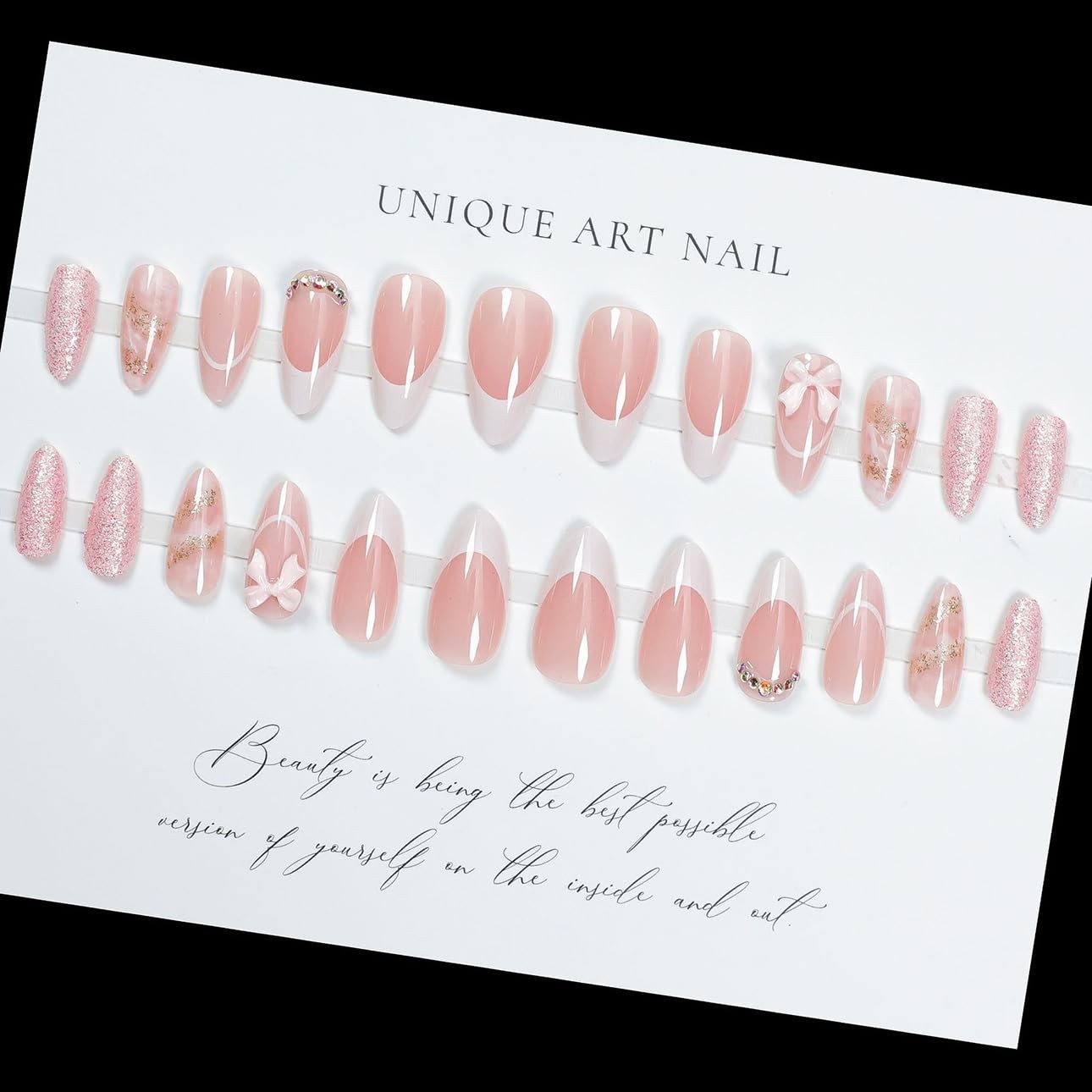 Almond French Tip Press on Nails – Medium Pink Fake Nails with 3D Bow Diamond…