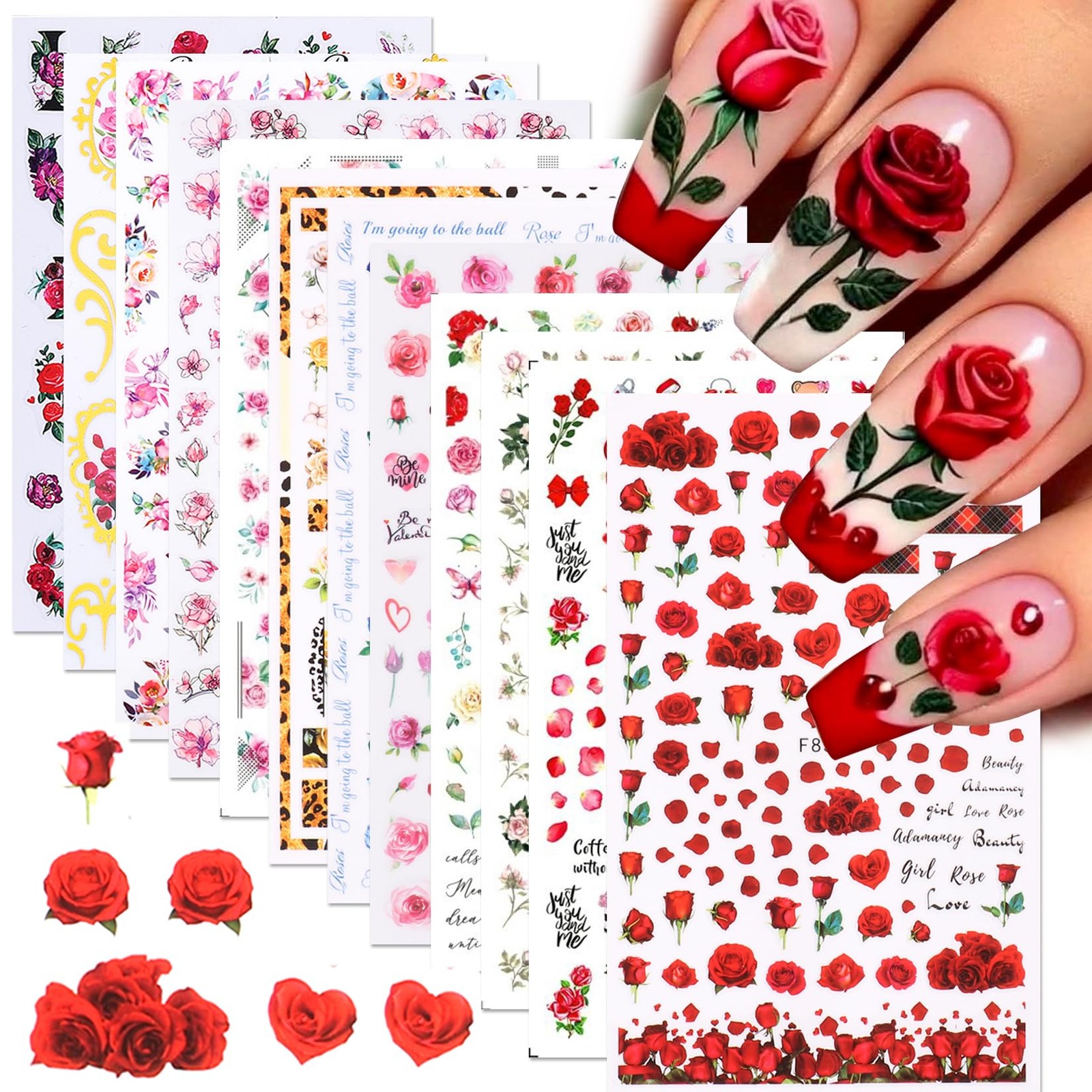 Rose Flower Nail Stickers Decals 12 PCS Romantic Red Pink Rose Nail Art Stick…