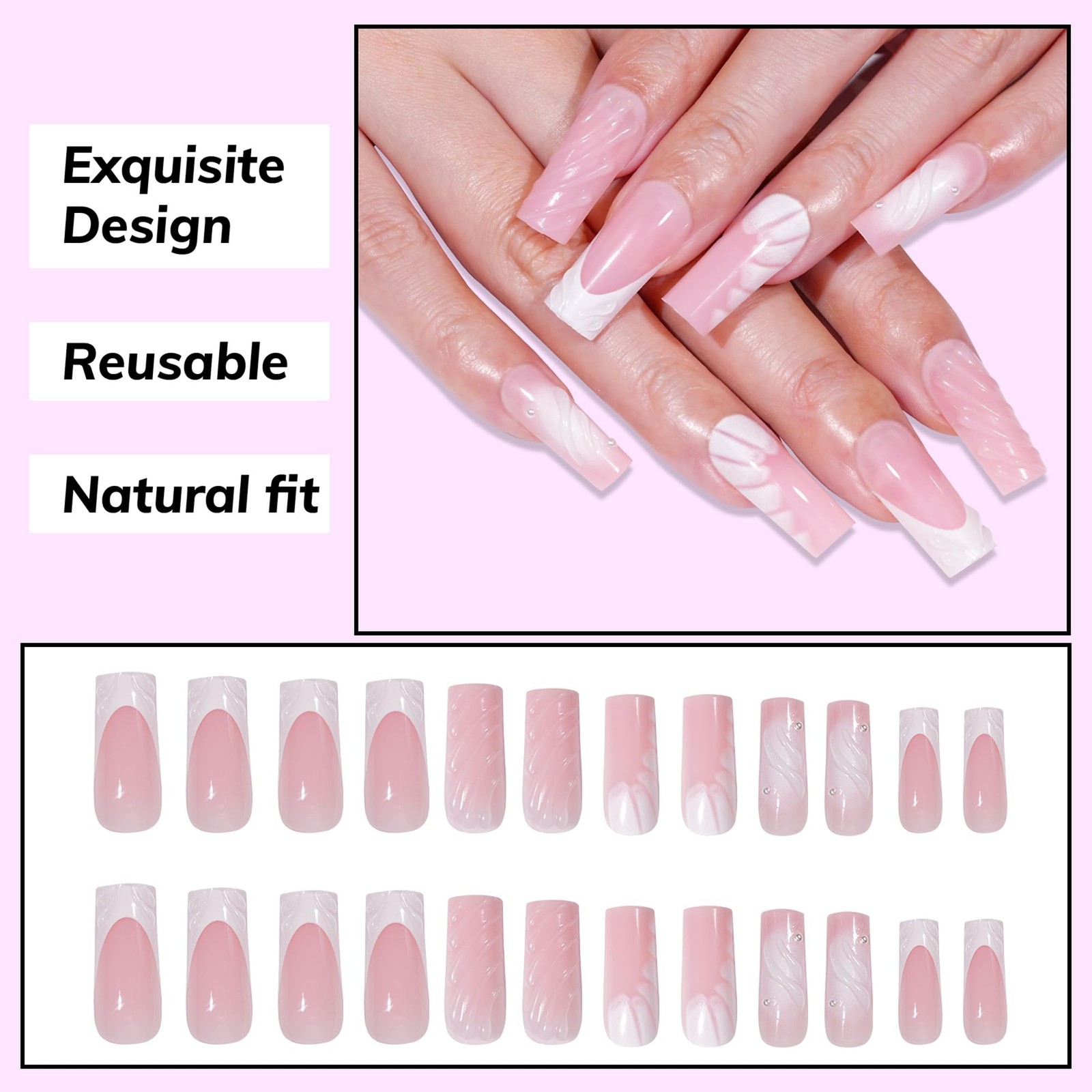 Press on Nails Medium Long Rhinestone Pearl Pink Ombre Fake Nails Square Glos…
