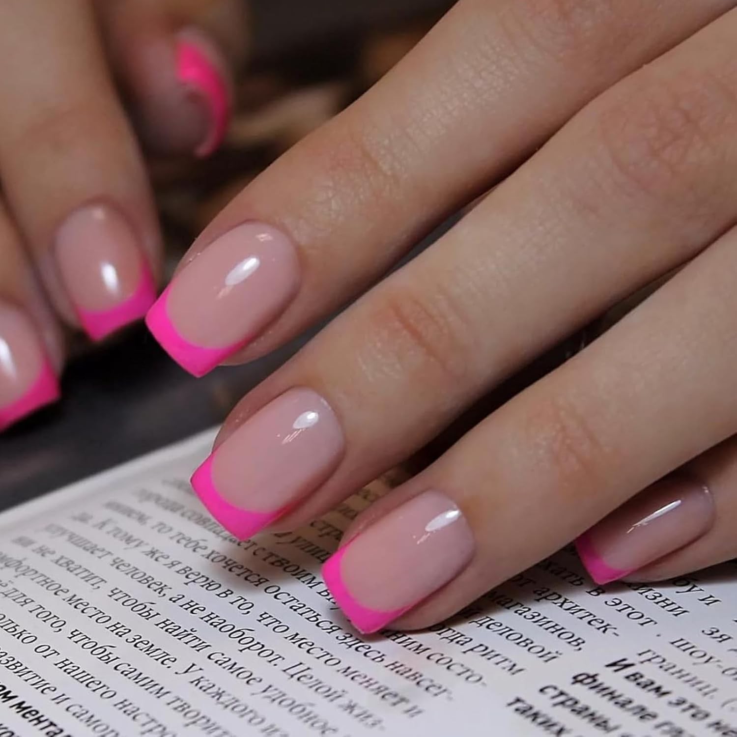 32Pcs Soft Gel Press on Nails – 16 Sizes Hot Pink French Tip Short Square Glu…