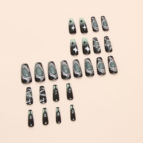 24Pcs Square Press on Nails Medium Punk Fake Nails Green Punk Nails Medium-24