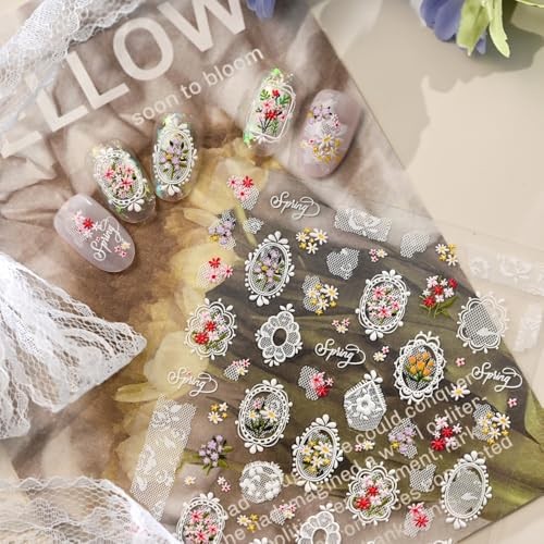 Flower Nail Stickers White Lace Nail Decals 5D Embossed Pink Red Floral Color 2